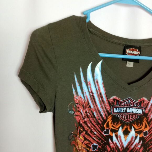 ⭐ Harley Davidson Womens V Neck Short Sleeve Fitted Graphic T Shirt Cotton Small - Picture 4 of 6